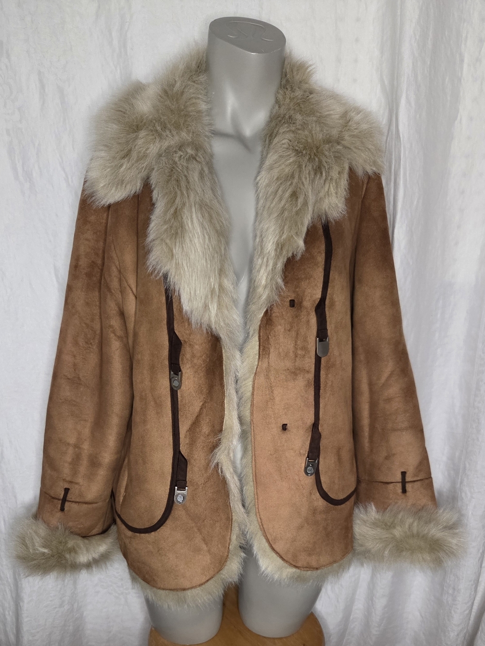 Parkhurst Penny Lane Brown Faux Suede Jacket with Cream Faux Fur Collar
